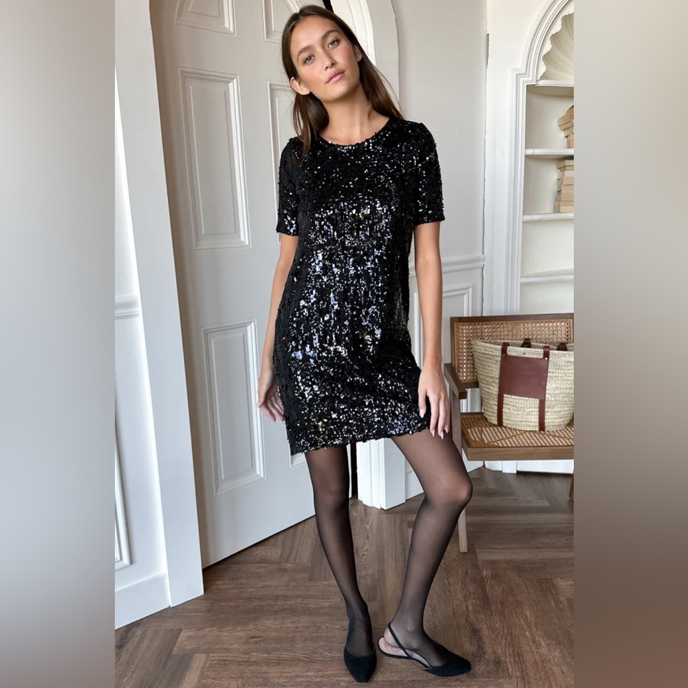 Modern Sequin Shift Dress- Black Sequin